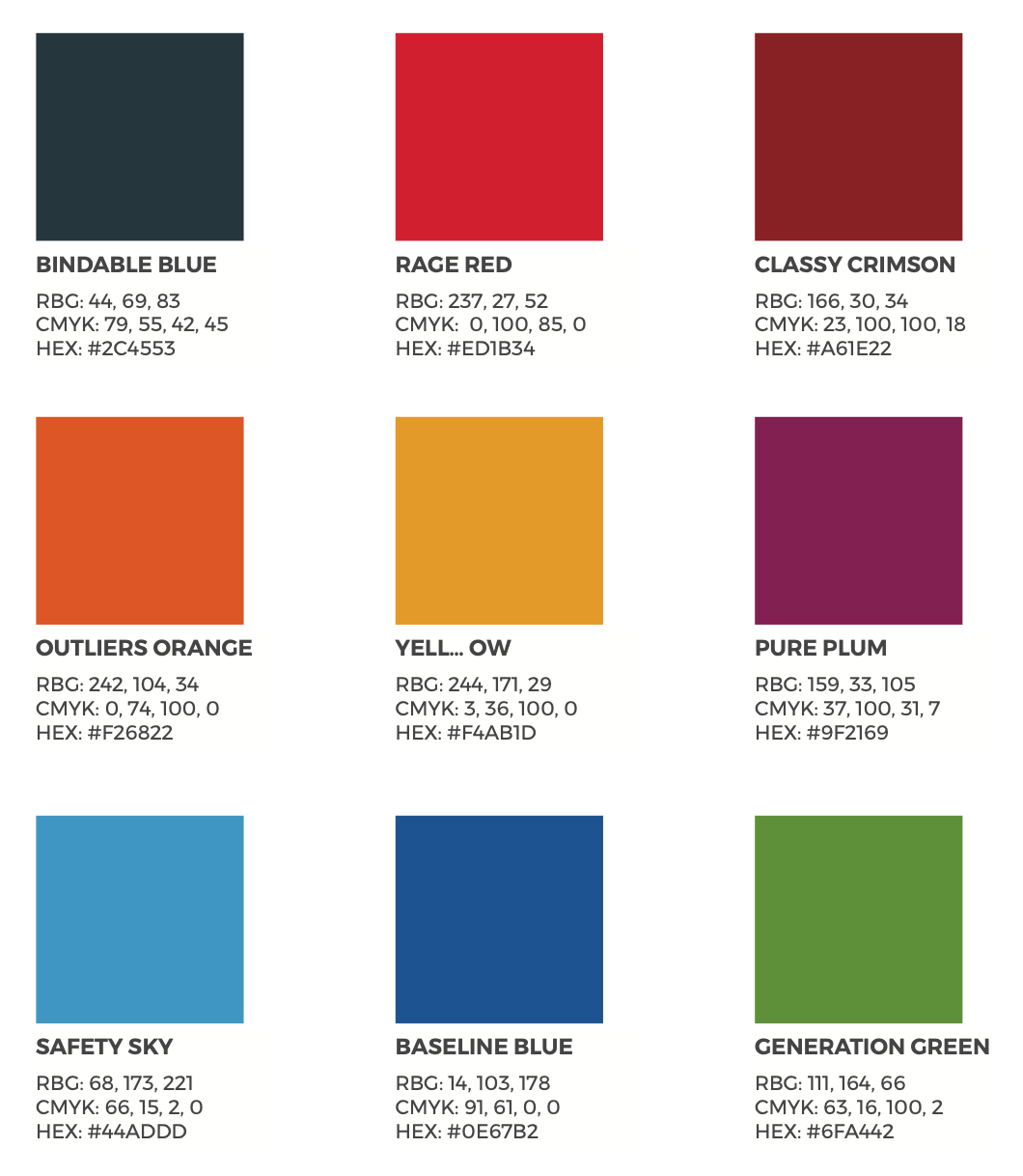 The Bindable colour palette, each swatch named and specified in RGB, CMYK and hex.