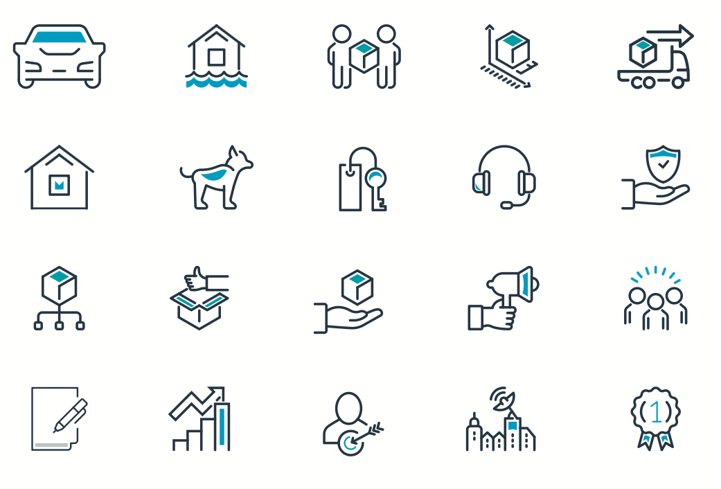The Bindable icon library: twenty line icons in the brand's two-colour style, covering auto, home, pet, distribution and support.