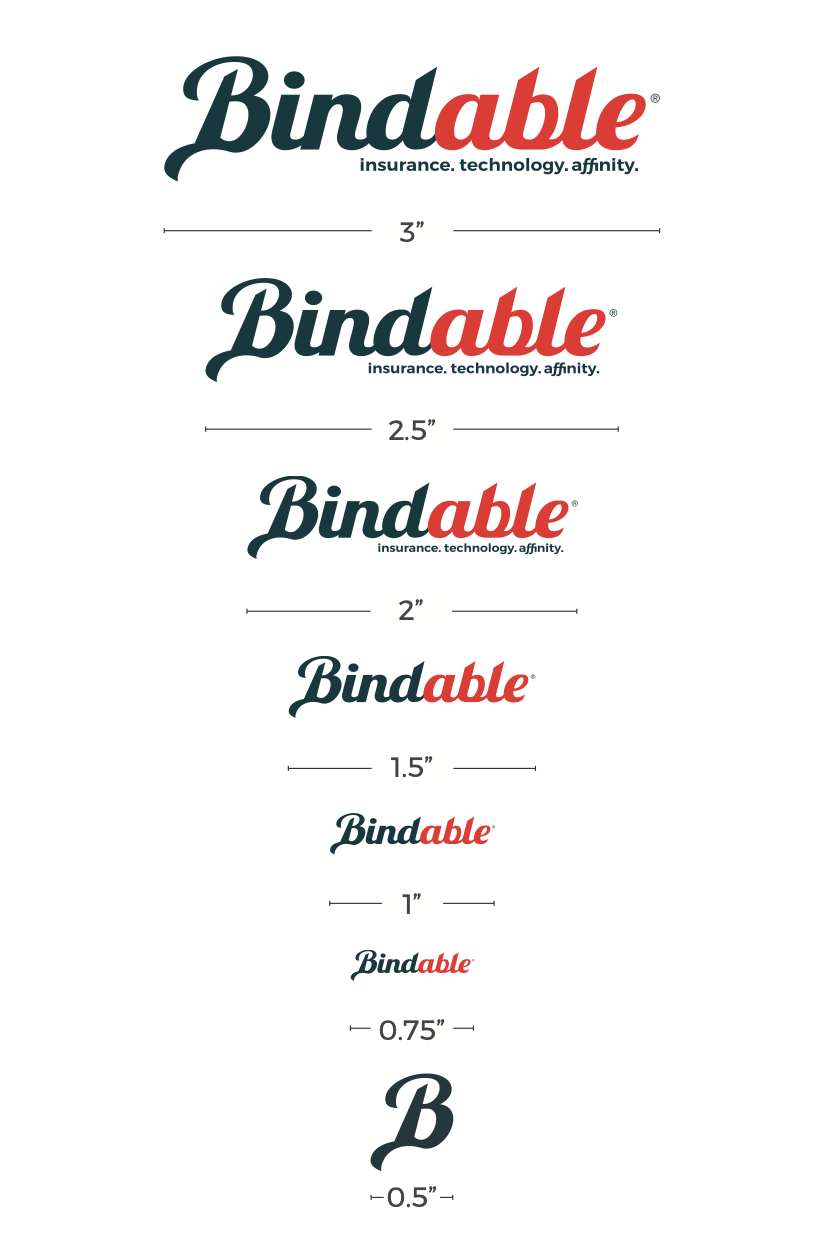 The rebranded Bindable wordmark, shown at its specified sizes with measurement rules beneath each.