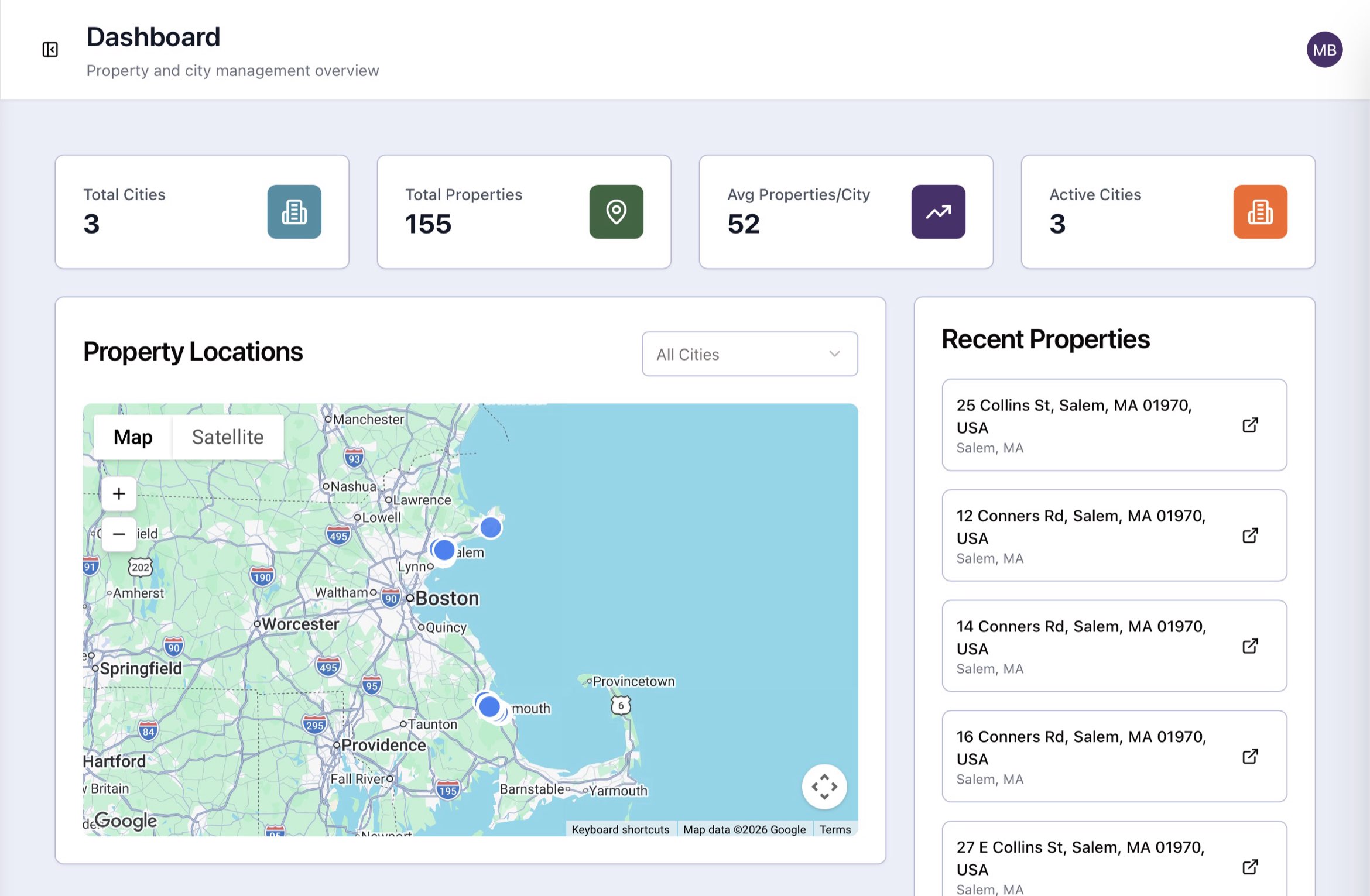 A portfolio overview on the platform: counts for total cities, total properties, average properties per city and active cities across the top, then a map of property locations across eastern Massachusetts beside a list of recently added properties.