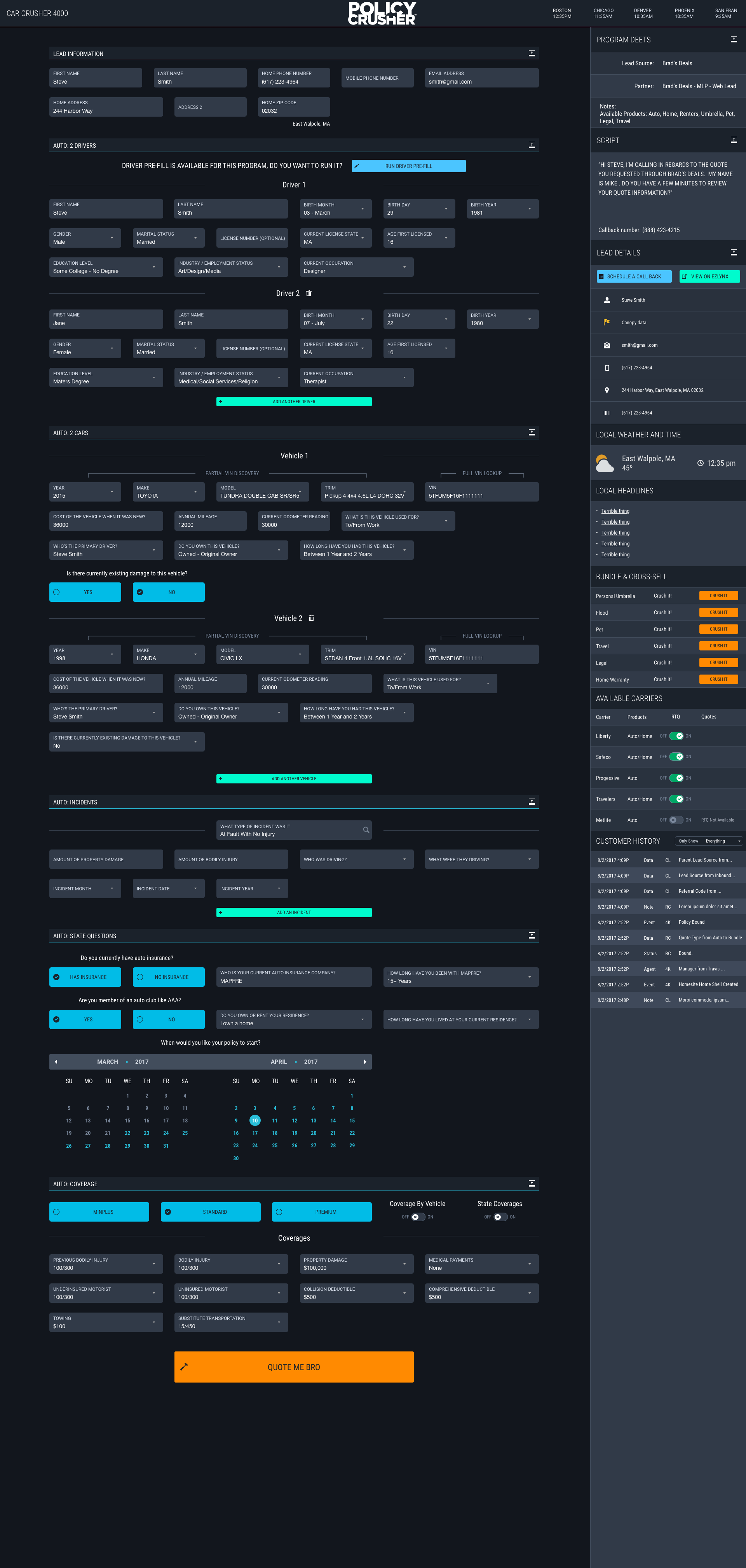 The Policy Crusher quoting application, with program details, cross-sell opportunities and the lead's local weather alongside the form.