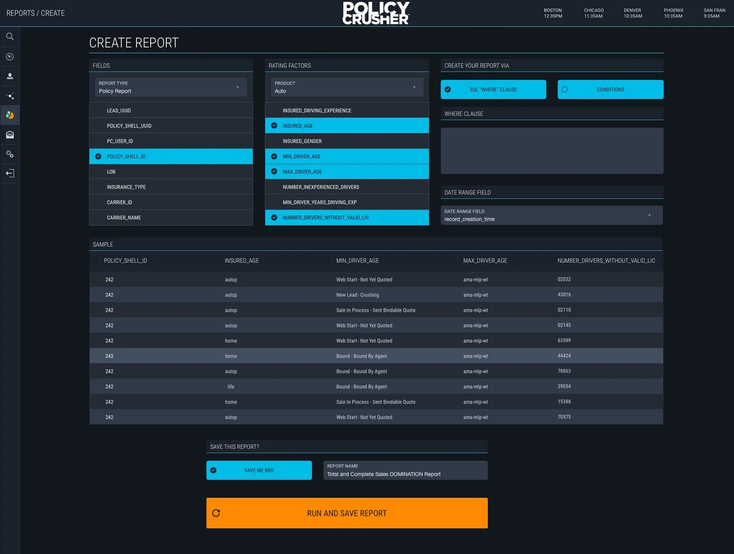 The Policy Crusher report builder, with selectable fields and rating factors on the left and a live sample of the report below.
